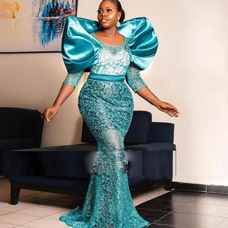 Robe De soirée De forme sirène pour femmes africaines, en dentelle, à volants, De bal, De bal, d'anniversaire, Aso Ebi, manches longues, 3/4