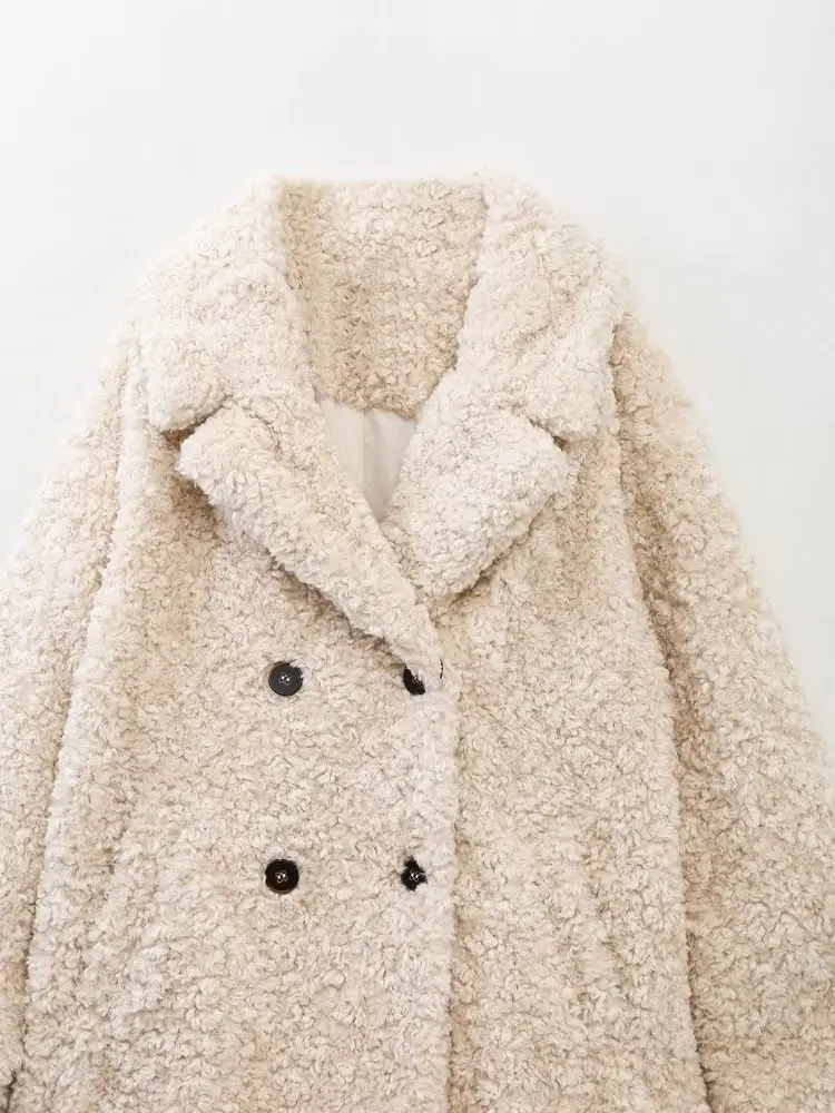 Maxdutti Faux Fur Texture Jacket Women Double-Breasted Coat British Fashion Women\'s Winter Beige Color Warm Retro Lamb Wool