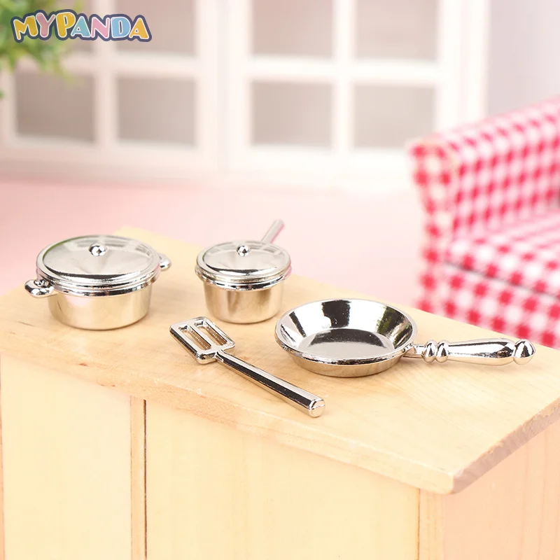 4/6PCS 1:12 Dollhouse Miniature Metal Mini Pot Set Doll House Kitchen Furnitures Cookware Pans Food Toys Set DIY Scene