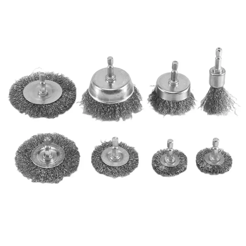 A02M-8 Pieces Wire Brush Wheel Cup Brush Set Accessories Coarse Crimped Carbon Steel Wire Wheel For Rust Removal