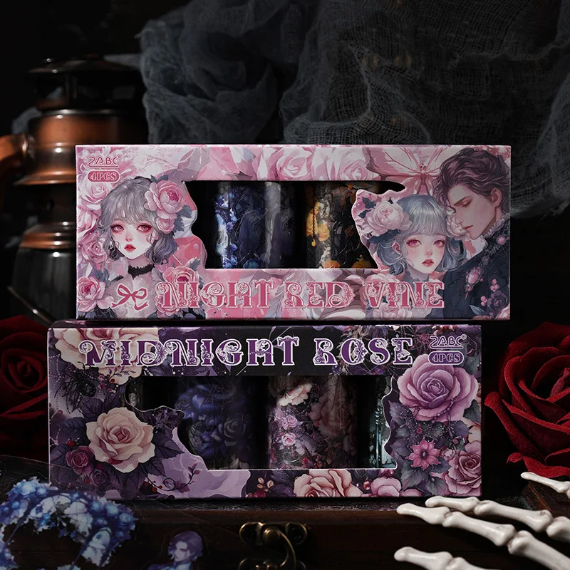 4 Rollen Gothic Rose Washi Tape, dunkle ästhetische Journal Dekor, Diorama DIY Scrapbooking Zubehör
