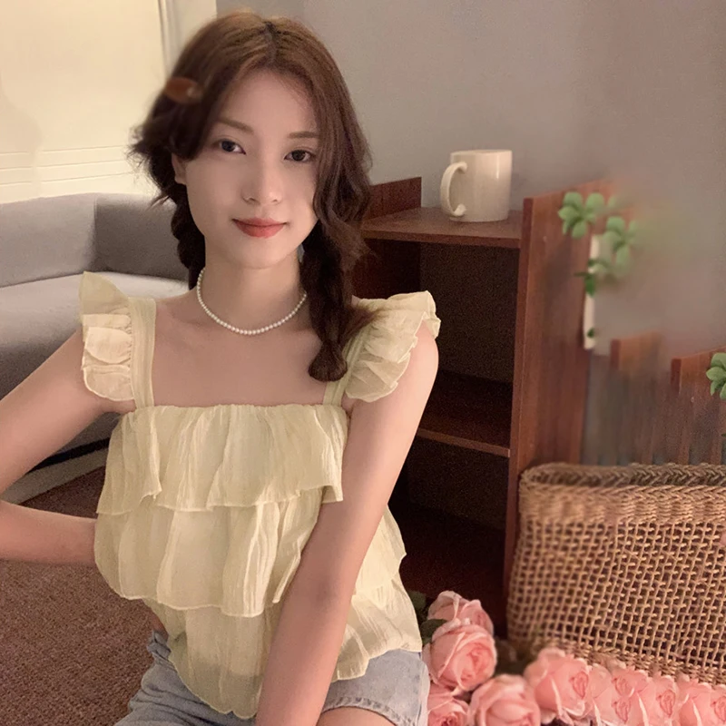 Fashion Korean Vintage Solid Color Square Neck with Ruffle Edge Sweet and Versatile Chiffon Sleeveless Suspended Tank Top