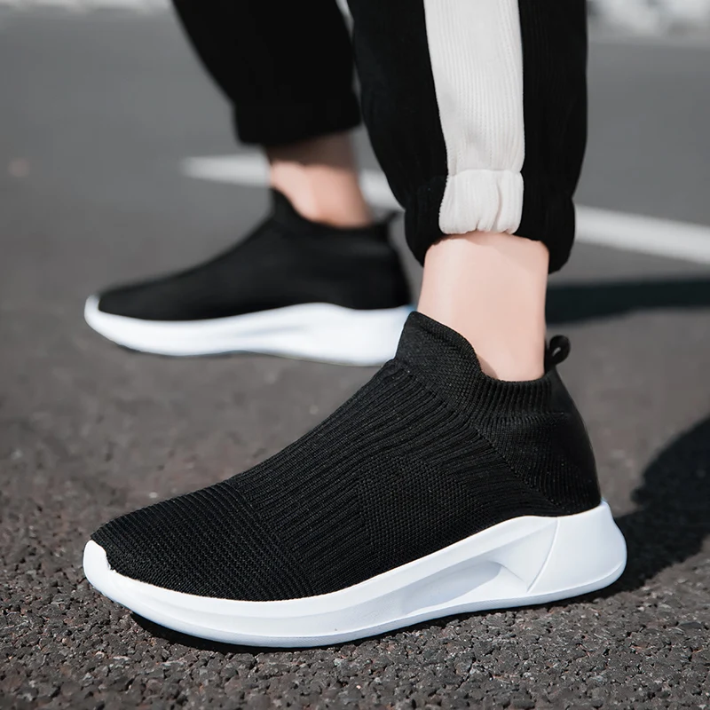 HKDQ Original Knit High Top Sneakers Men Trendy Black Breathable Lightweight Sock Sneakers Man Fashion Casual Men's Sports Shoes