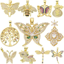18k Real Gold Plated Butterfly Dragonfly Bee Cross Charms CZ Pave DIY Pendant Luxury Charms for Jewelry Making Supplies Copper