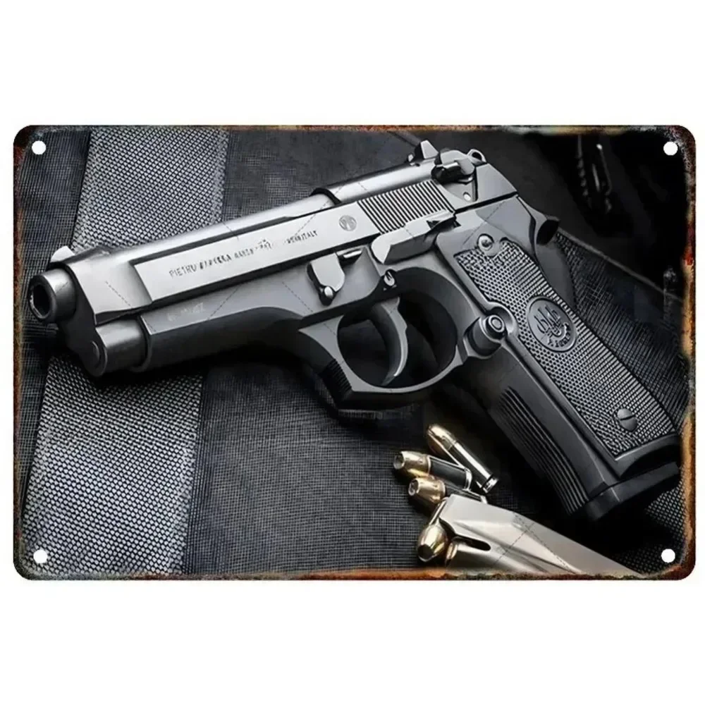 1pc Military Pistol Metal Tin Sign - Vintage Iron Art Wall Poster, Decor for Man Cave/Home/Cafe/Garden/Bar/Club