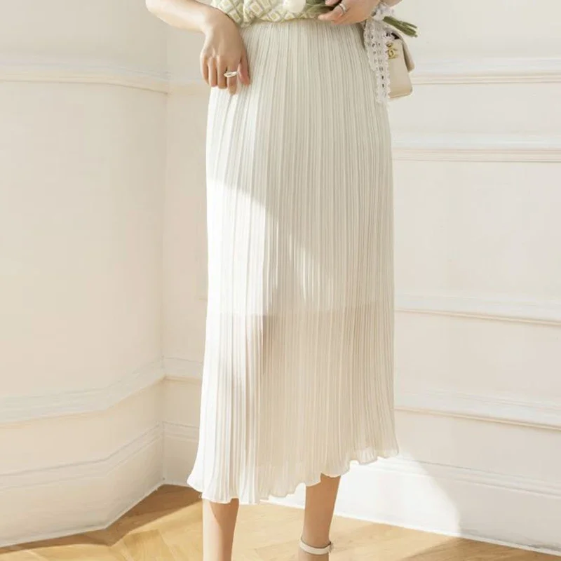 Pleated Split Skirt Spring/Summer New French Crease High Waist Multi Color Dropped Silk Slippery Skirt