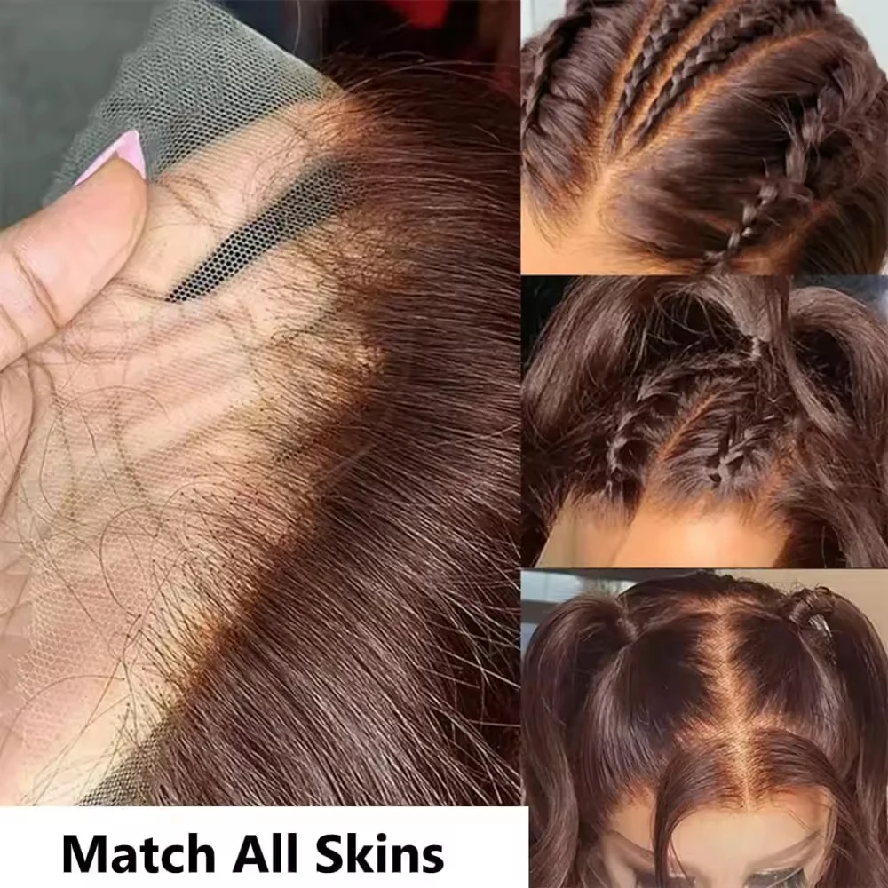 4 #   Шоколадно-коричневый объемная волна, прозрачная кружевная застежка 13x4, кружевная фронтальная часть, предварительно выщипанная с детскими волосами, парик из 100% человеческих волос