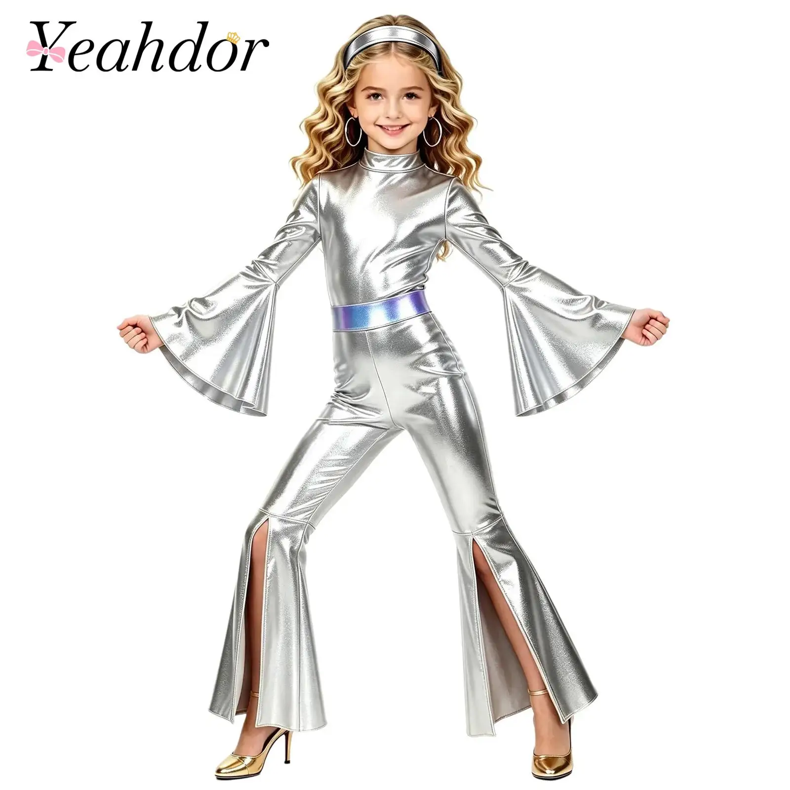 Kids Girls Disco Party Costume Split Bell-bottom Metallic Jumpsuit Jazz Dance Outfit Flared Zipper Bodysuit for Music Festival