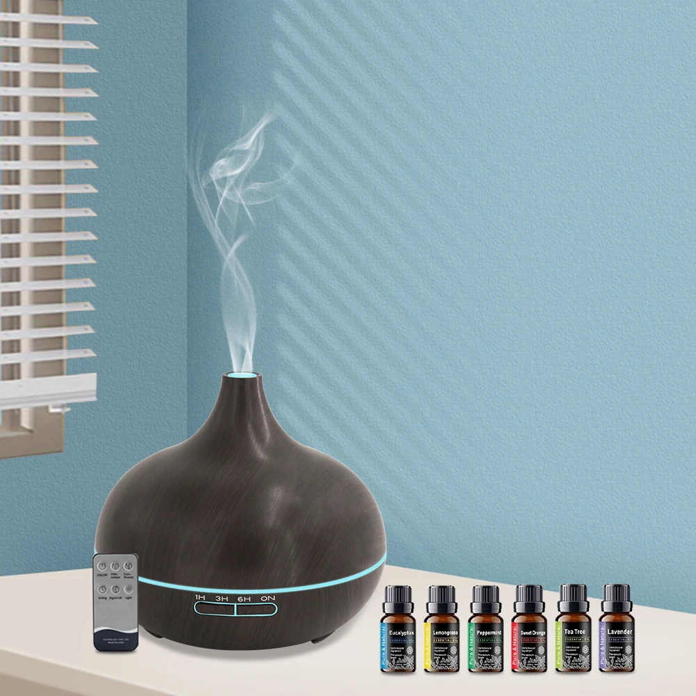 Difusor de aceites aromáticos para el hogar, dispositivo de aromaterapia con 6 aceites esenciales, Control remoto, LED ultrasónico de 7 colores, 550ml