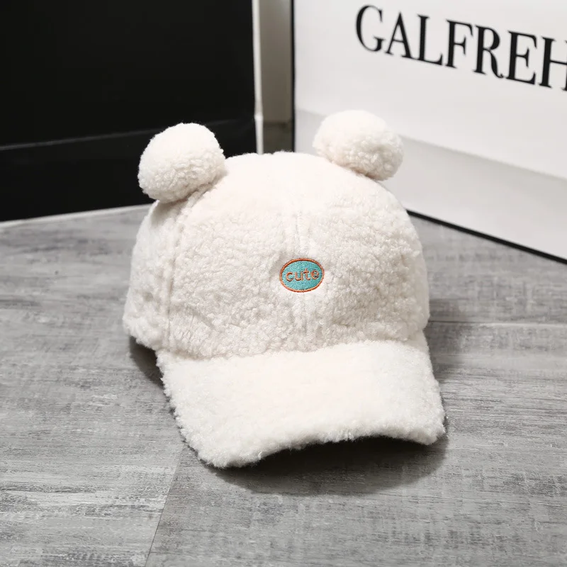 Winter Cap Wool Thicken Baseball Cap Women Cute Furball Ears Girls Solid Snapback Adjustable Hip-Hop Hat Visor 54-58cm Gifts