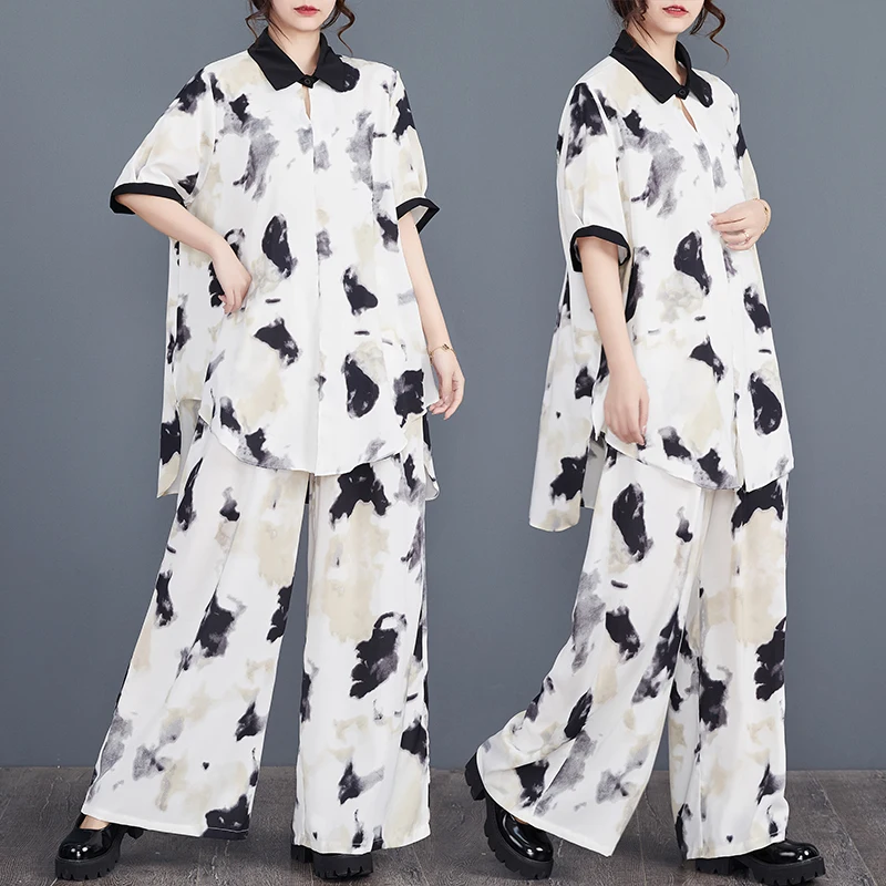 

#2730 Tie Dye Printed Asymmetrical Shirt Women Polo Neck Vintage 2 Piece Pants Sets Thin Wide Leg Pants Two Piece Outfits Summer