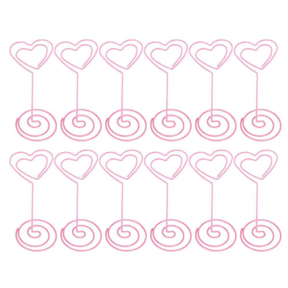 12Pcs Pink Metal Business Card Holder with Base Metal Cute Metal Message Holder with Base 11*4cm Heart Shaped Message Clip