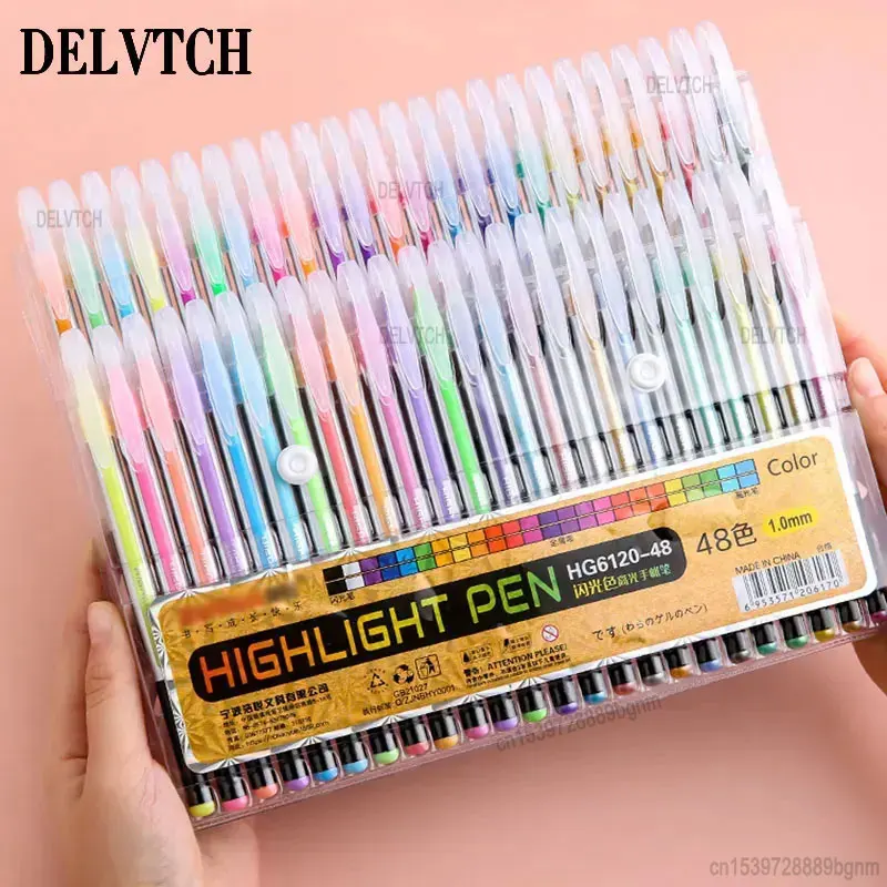 Delvtch 12/24/26/48 conjunto de cores glitter metálico highlighter gel caneta 1.0mm ponta para arte marcação pintura desenho crianças graffiti presente