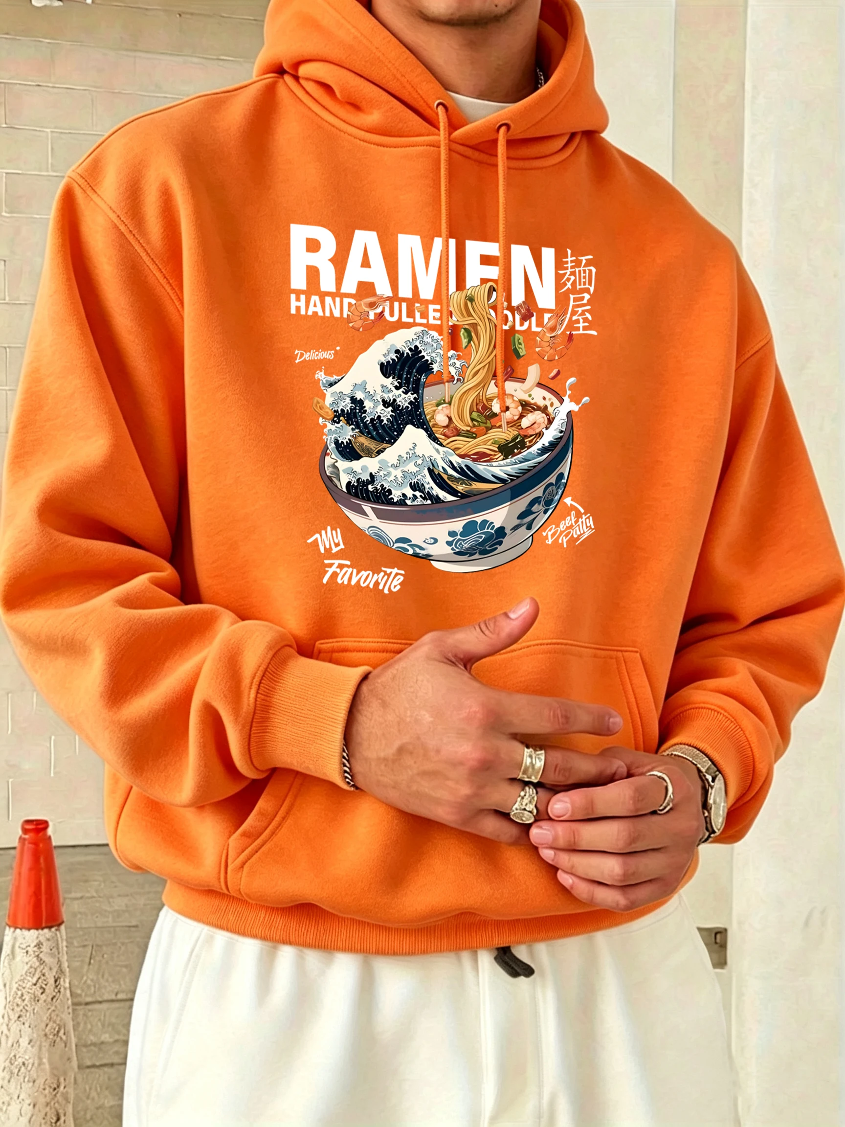 A Bowl Of Rich Lamian Noodles Print Hoodie Men Fleece Loose Clothing O-Neck Autumn Pullover All-Match Unisex Casual Long Sleeve