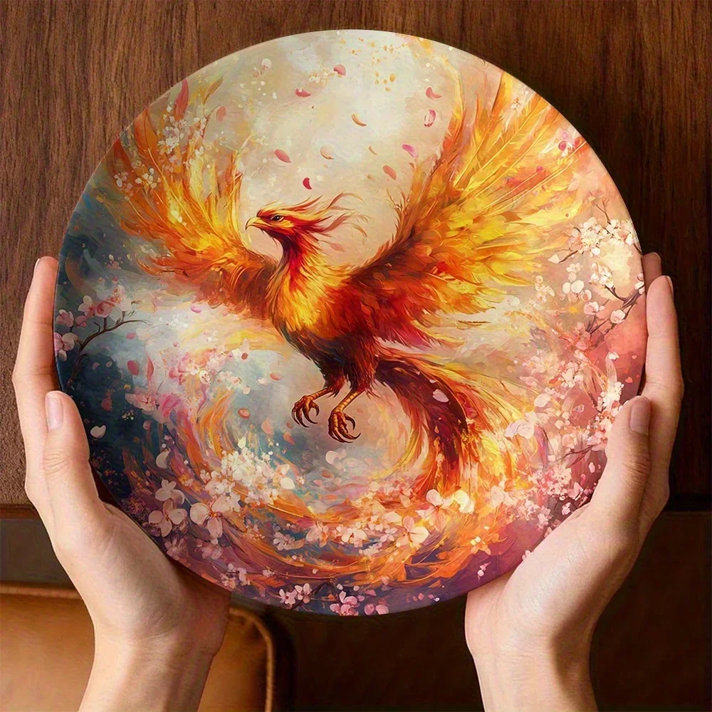 1pc Elegant Phoenix Flower Petal Decorative Plate | Round Ceramic Wall and Tabletop Art, Non- Contact, Suitable for Home,
