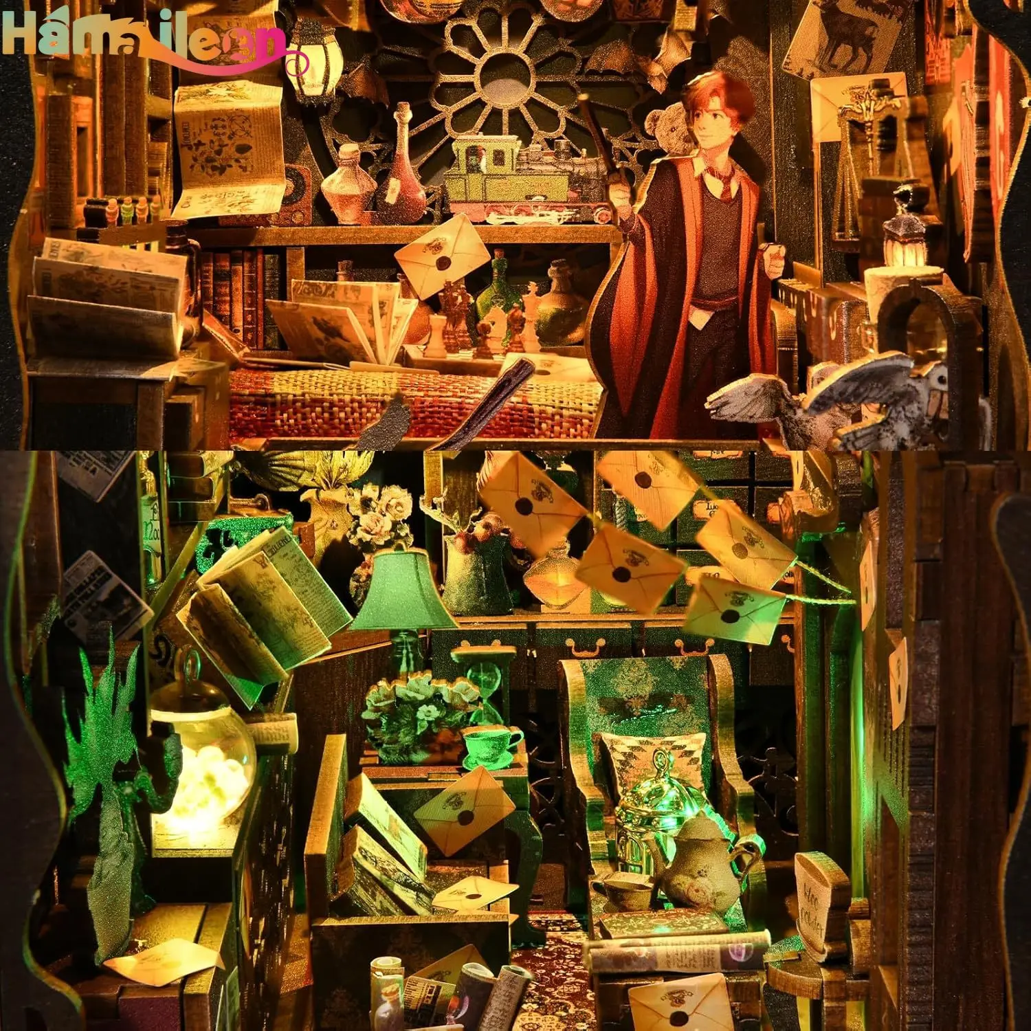 Hamaileon livro nook kit, casa de bonecas diy em miniatura, estante estante decoração modelo construir com capa poeira (casa de magia)