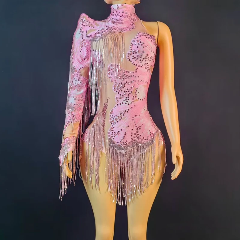 Viele Farben One Sleeve Strass Fransen Body Frauen Pole Dance Kleidung Drag Queen Outfit Bar Bühne Gogo Kostüm XS10380