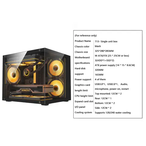 Novo Mini Gabinete Transparente para Computador de Mesa, Torre PC M-ATX/ITX, Compatível com Placa Gráfica de até 320mm, HDD+SSD, USB 3.0, Ventoinha de 12cm