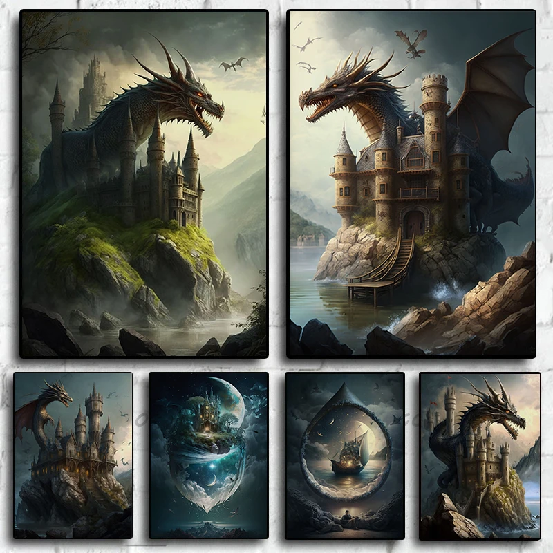 A castle occupied by a dragon Fantastic Dreams and the Moon Canvas Painting Wall Art Picture Living Room Office Room Decor Gifts