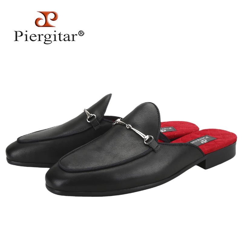 

Классические мужские мюли Piergitar ручной работы из натуральной черной кожи с серебряными конскими битами для модной детской удобной Красной хлопковой подкладки