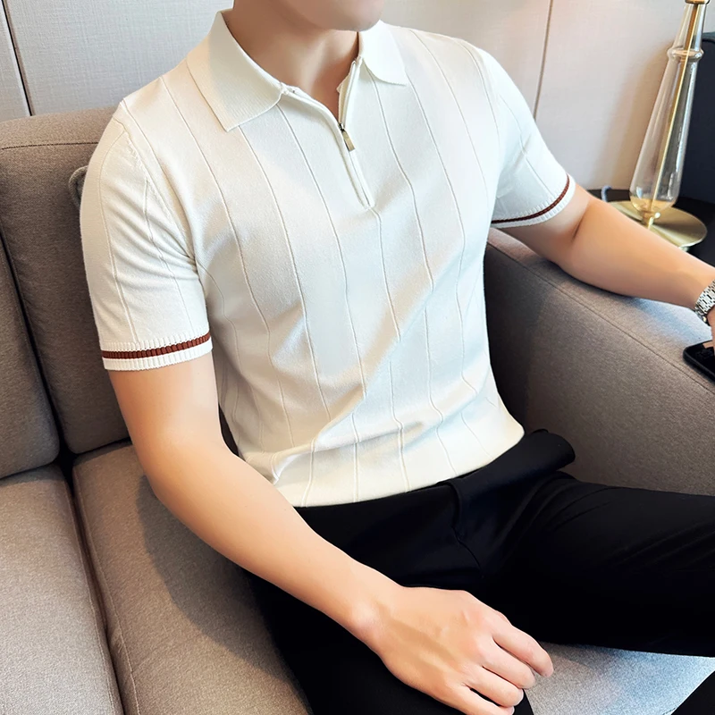 High Elastic Slim Fit Men Short Sleeve Knitted Polo Shirt 2024 Summer Light Thin Solid Striped Casual Lapel T-shirt Men Clothing