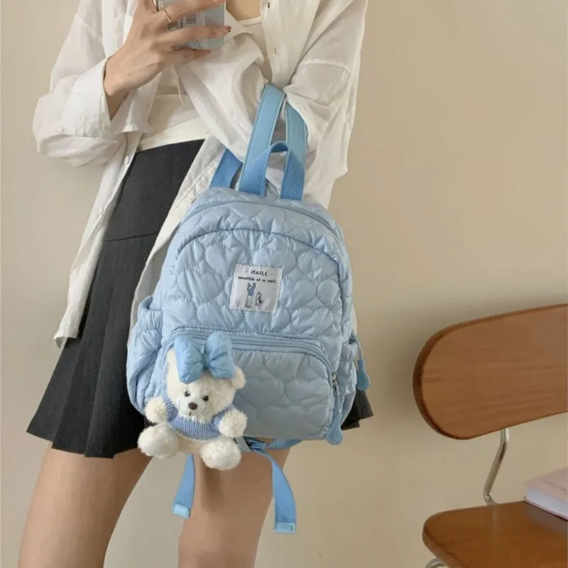 

Sweet Cute Blue Little Bear Backpack Women Heart Stitching Large Capacity Daypack Ladies Harajuku Daily Versatile Mochilas Mujer
