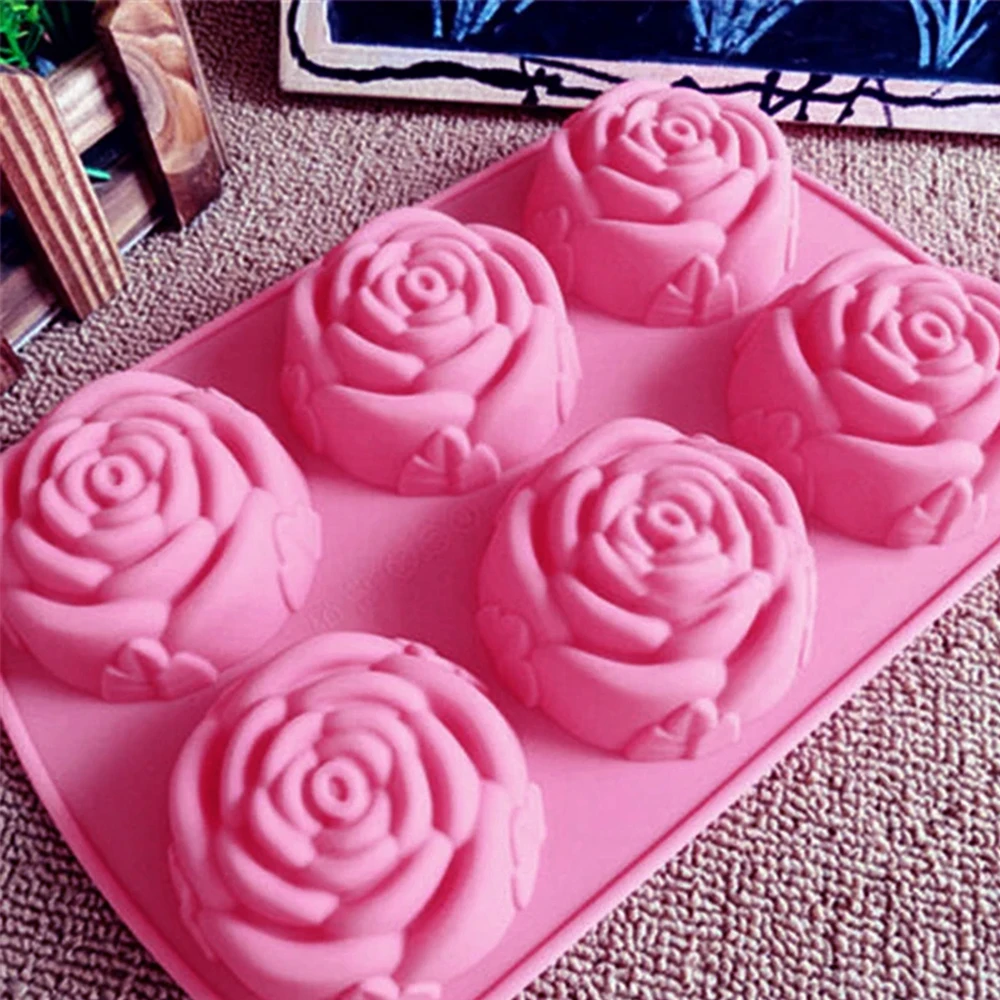 6 Holes Flower Rose Handmade Soap Candle Mold Silicone Cake Mold Bakeware Baking Dish Pan Muffin Mould Rose Ice Cube view 3
