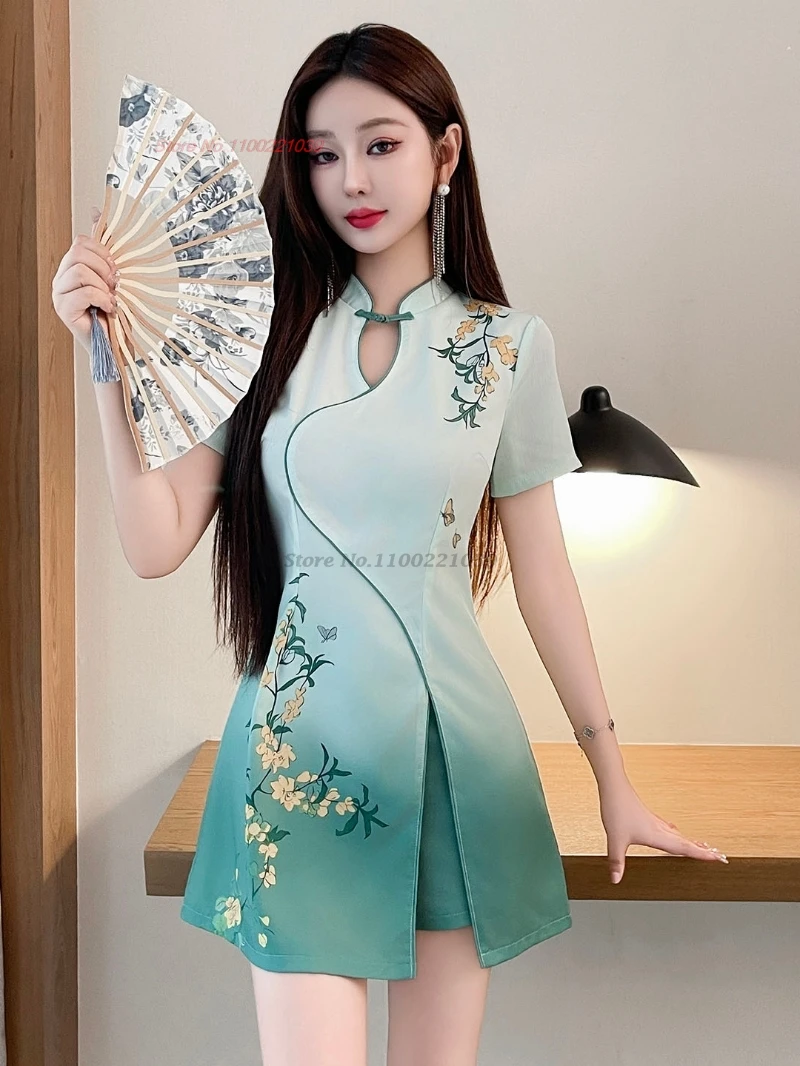 

2025 chinese sexy qipao nightclub dress improved cheongsam flower print cheongsam dress+shorts set oriental hotel spa work dress