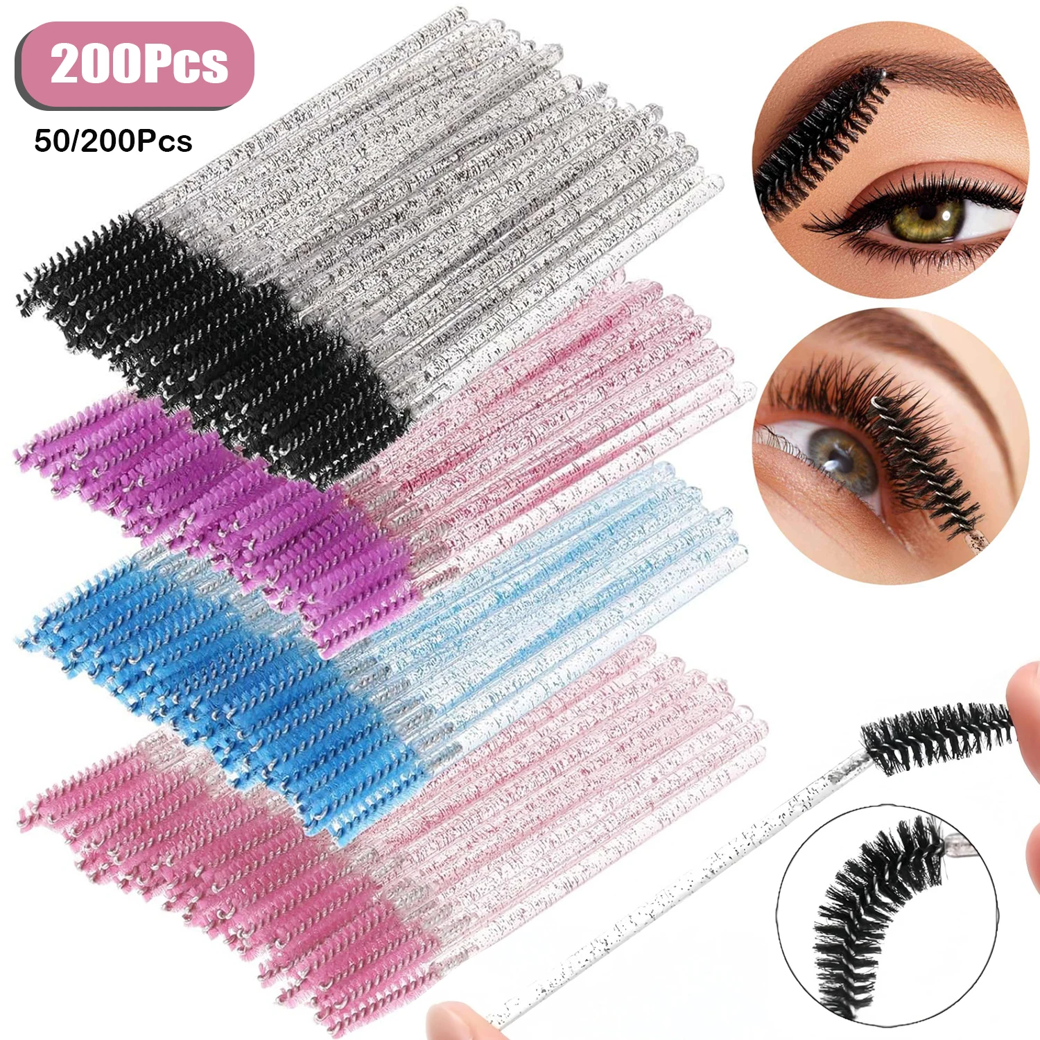 50/200Pcs Disposable Mascara Wands, Lash Spoolies Crystal Eyebrow Spoolies Brush Eyelash Applicator Tool for Eyelash Extensions