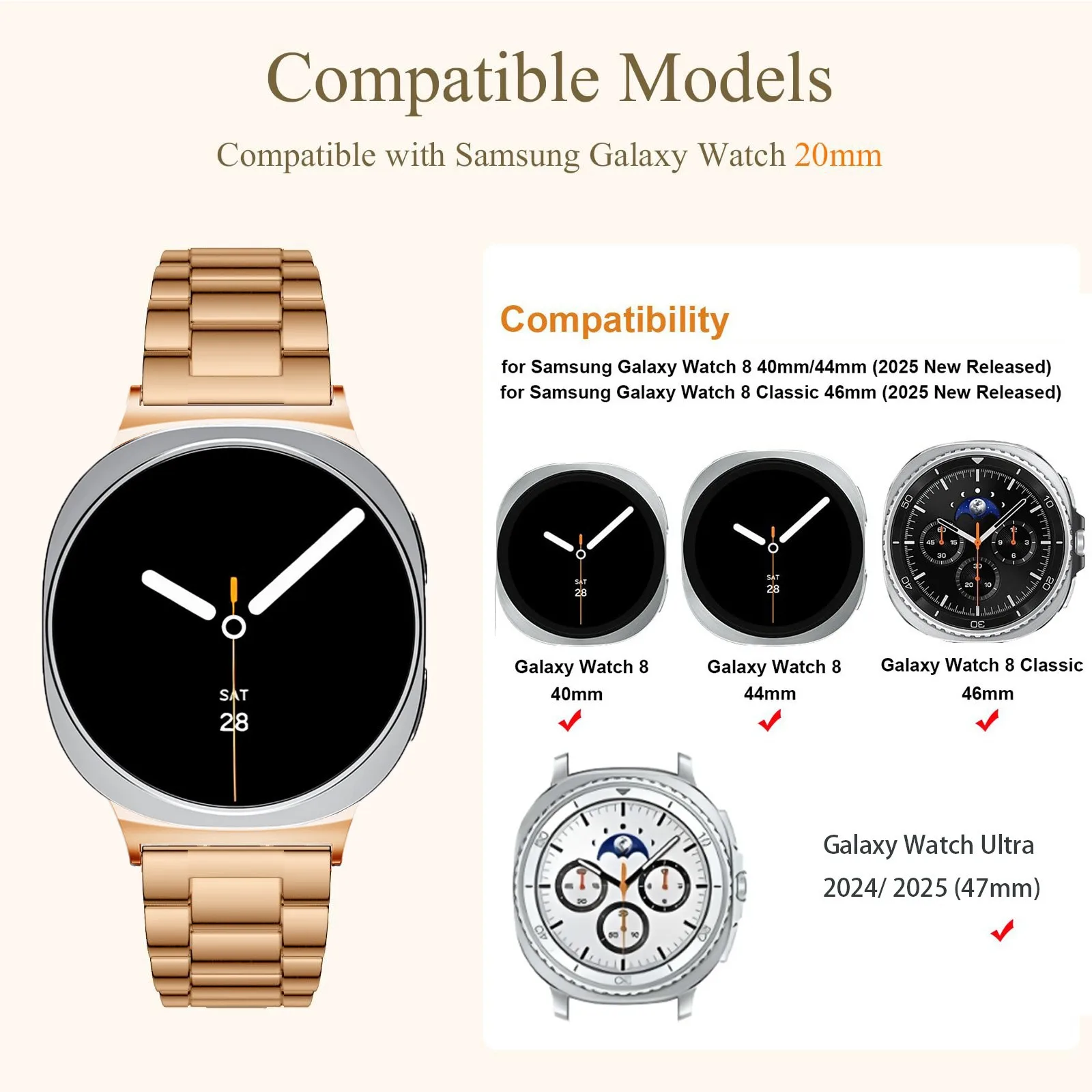 For Samsung Smartwatch Galaxy Watch8 Solid Stainless Steel Metal Three Bead Stainless Watch Strap