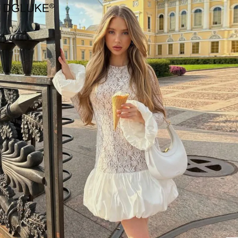 

DGLUKE Elegant White Lace Dress Woman O-Neck Flare Long Sleeve Contrast Evening Dress Drap Waist Bubble Hem Short Dress