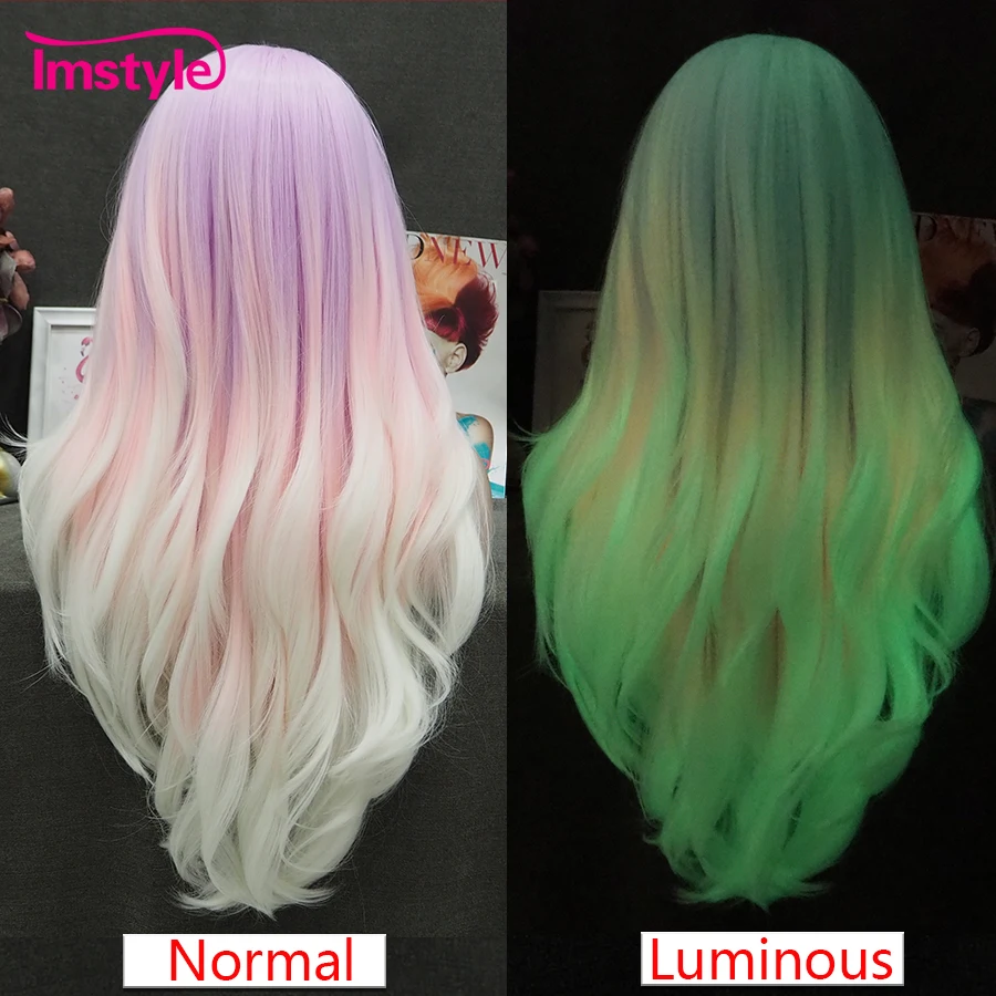 Imstyle Noctilucent Pink Synthetic Lace Front Wig Natural Long Straight Luminous Hair Wig for Women Party Wig