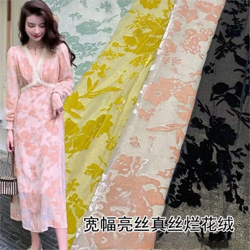 

140cm-width hollowed-out gold thread jacquard velvet silk fabric light and transparent dress skirt