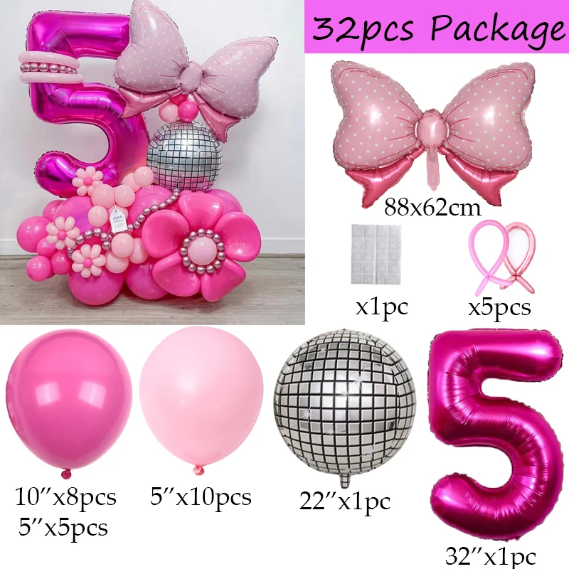 32pcs Hot Pink Large Bow Balloon 32inch Number Balloons Princess Girl Birthday Wedding Party Decorations Baby Shower Air Globos