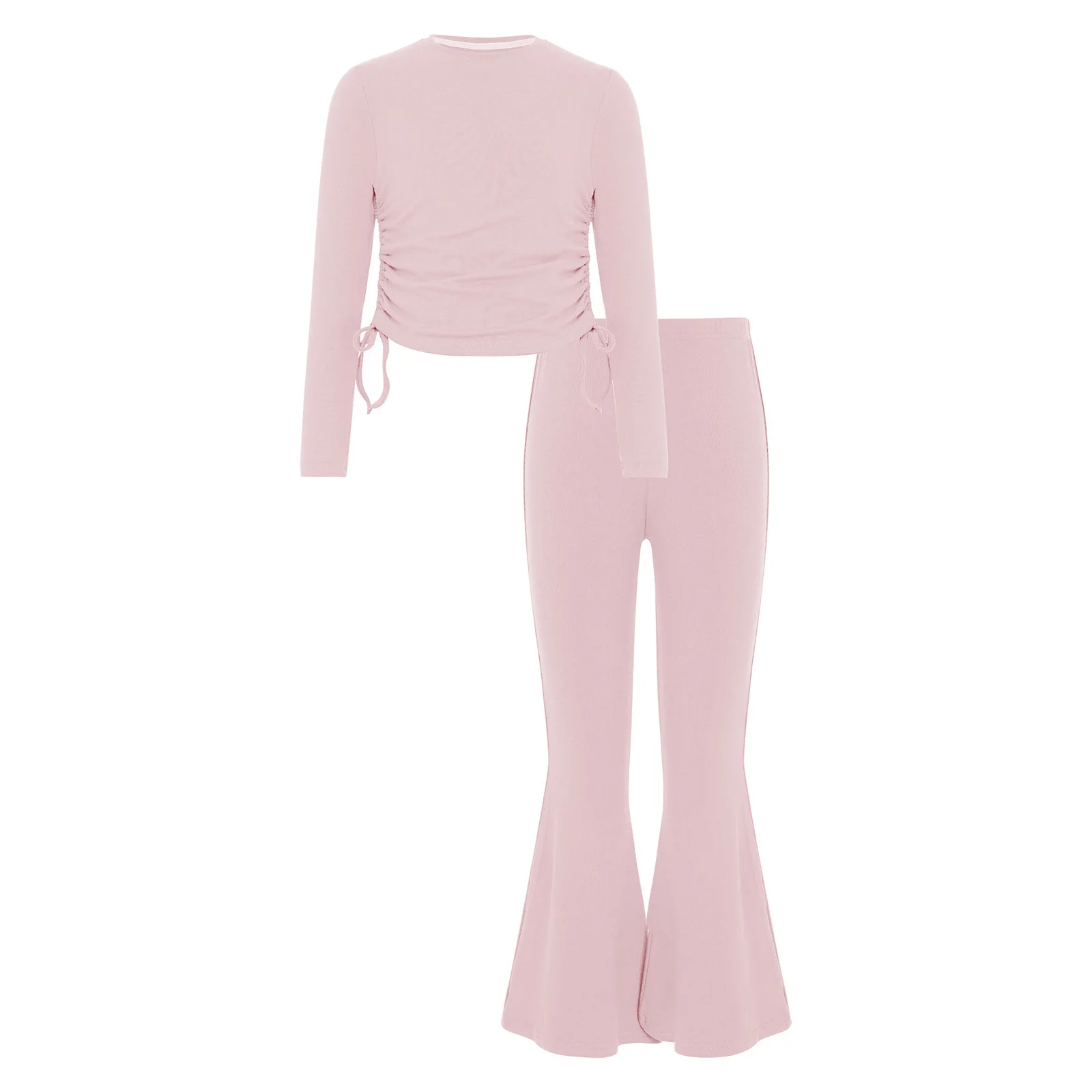 ملابس أطفال بناتي كاجوال بلون سادة وأكمام طويلة برباط مع بنطال واسع لليوجا والرقص والرياضة والجري #1