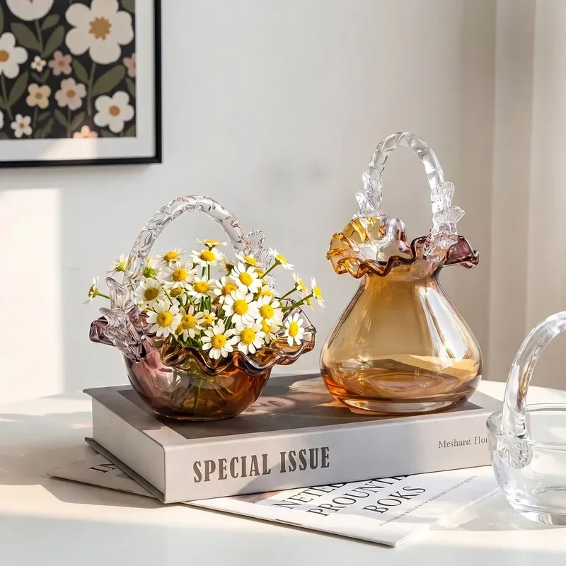 Premium sense exquisite light luxury glazed hand basket vase glass flower basket guest K hall home soft decoration jewelry