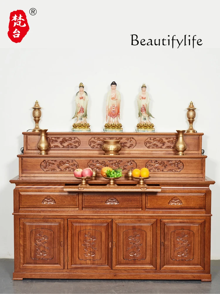 Tibetan-Style Altar Three-Layer Worship Table Household Step-Type Solid Wood Altar Cabinet