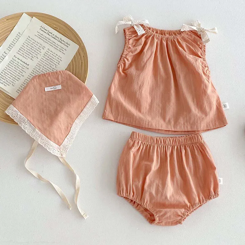 2025 New Summer Korean Style 0-3Yrs Children Clothes Suit Sleeveless Cotton Vest+PP Shorts+Hat Newborn Baby Girls Clothing Set