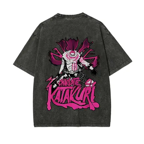 One Piece Men's Women's Washed T-Shirt Charlotte Katakuri Clothing Summer and Spring Anime Y2k Tee Retro Distressed Short Sleeve
