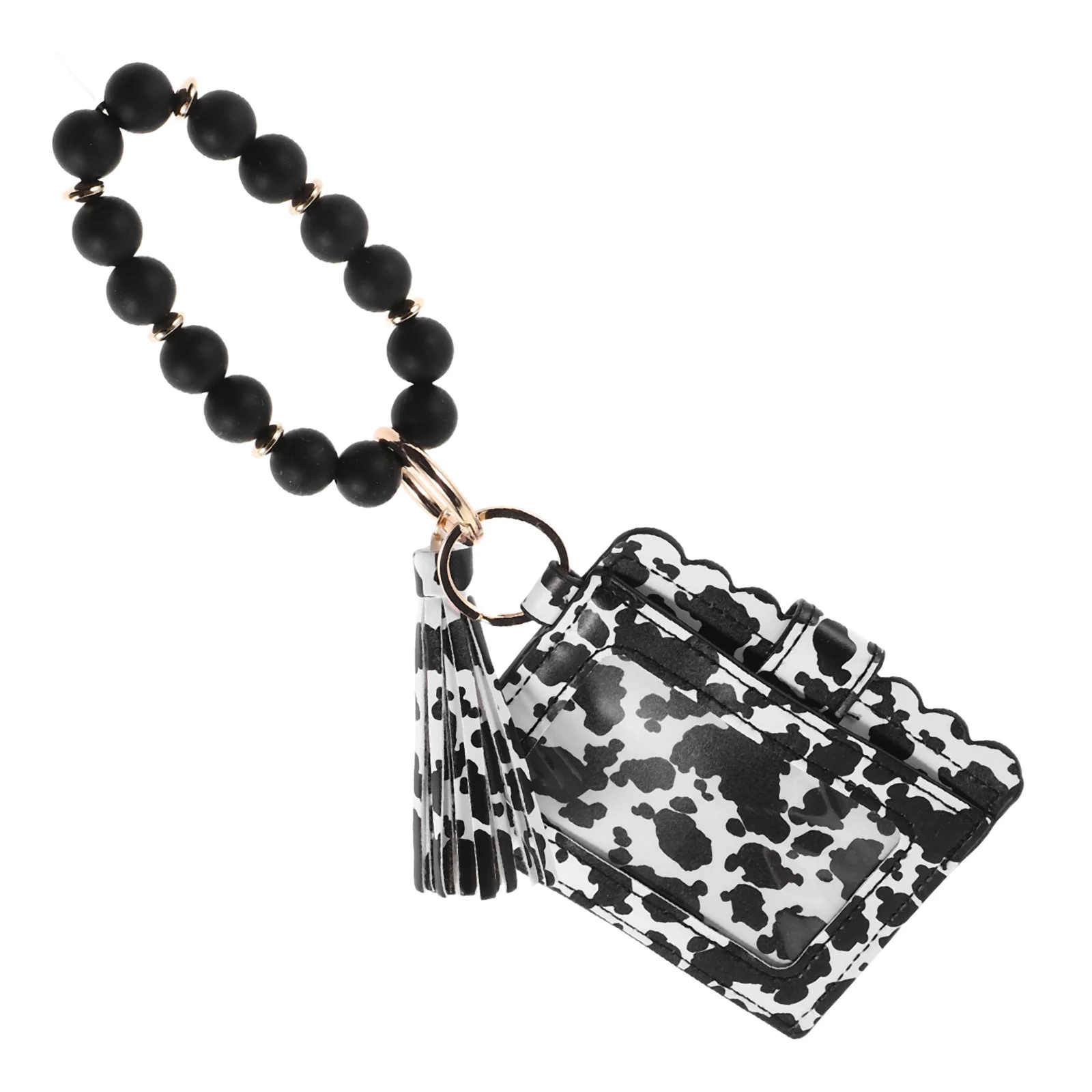 Cow Grain PU Silicone Beaded Keychain Coin Purse Card Holder Mini Wallet Portable for Daily Use Travel Change Purse