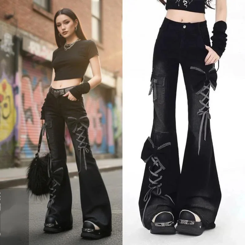 3D Butterfly Bow Black Bell Bottom Jeans Women Y2K High-Waisted Skinny Fit Fall Winter Design Slim Flattering Denim Pants New
