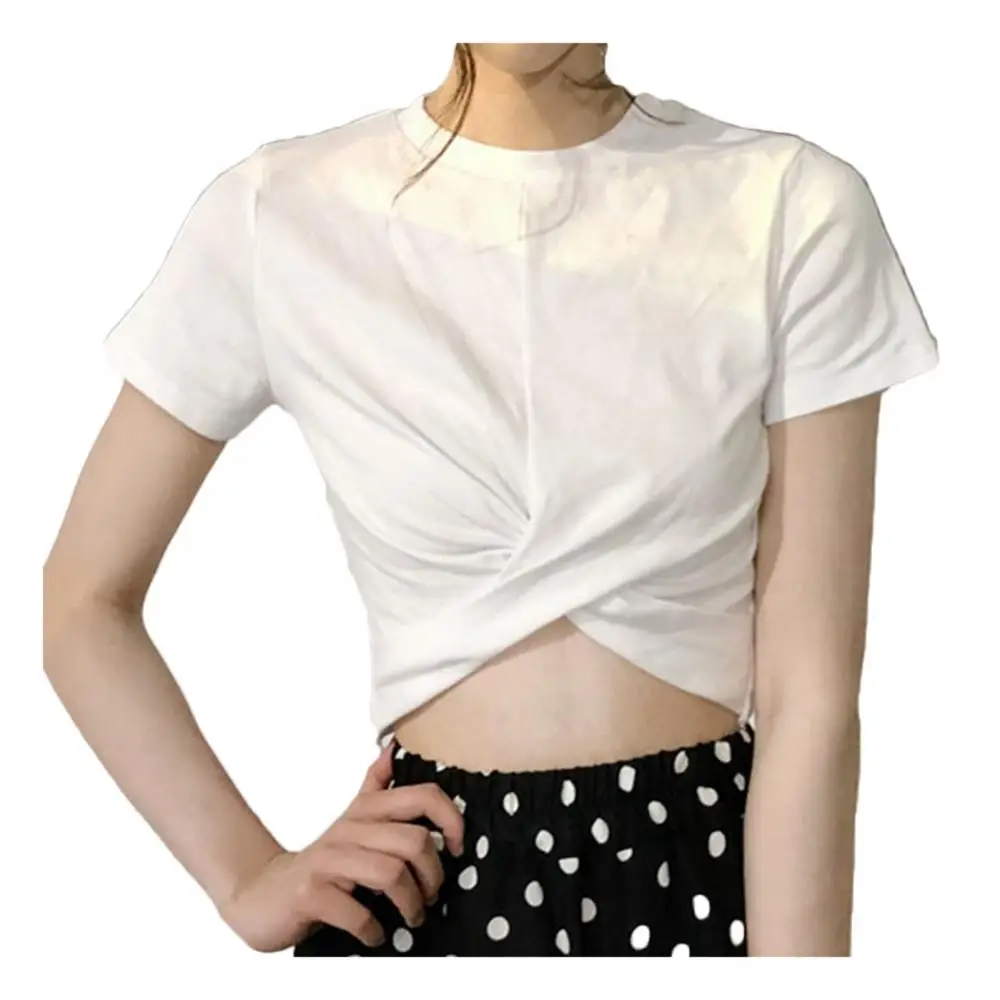 

Women T-shirt Tops Top Summer Sexy Simple Casual Solid Color Female Short Sleeve Plus Size Criss-cross Hem Crop O Neck T-shirt