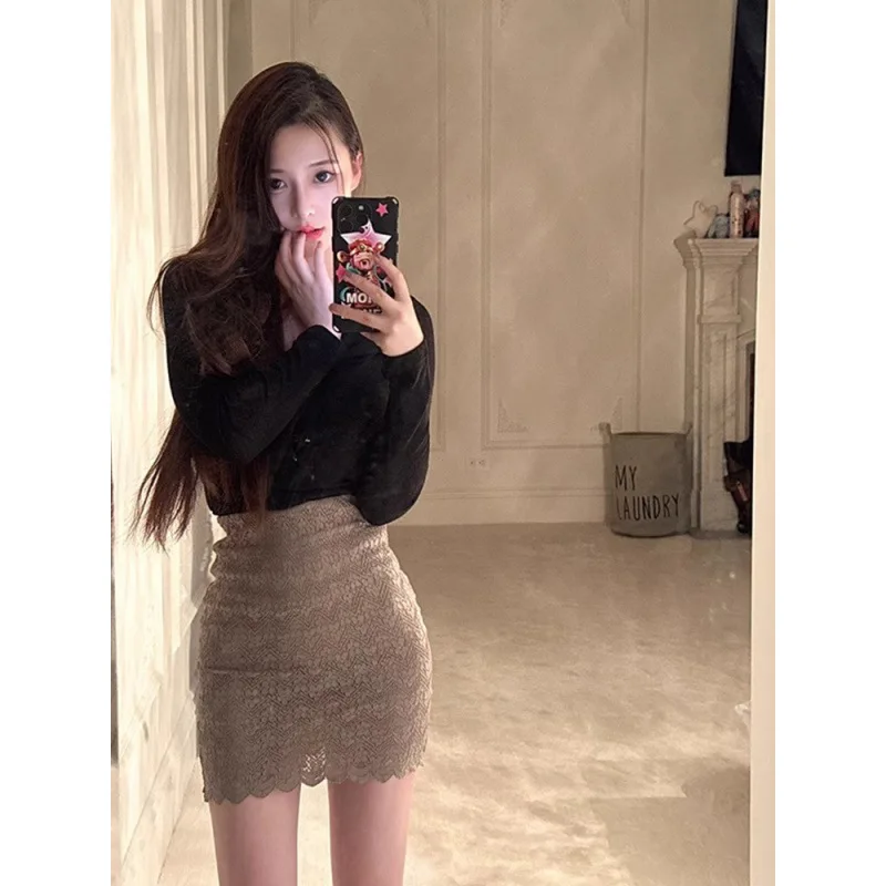 

2026 New Women's Lace Mini Skirt Unique Splicing Short Style High Waist Slim Bodycon Hip Wrap Waist Control All Fashion Skirt