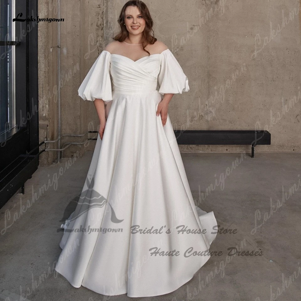 Lakshmigown modesto cetim nupcial a linha vestidos de casamento rendas até voltar 2023 plus size vestido de casamento feminino praia inchado meia mangas