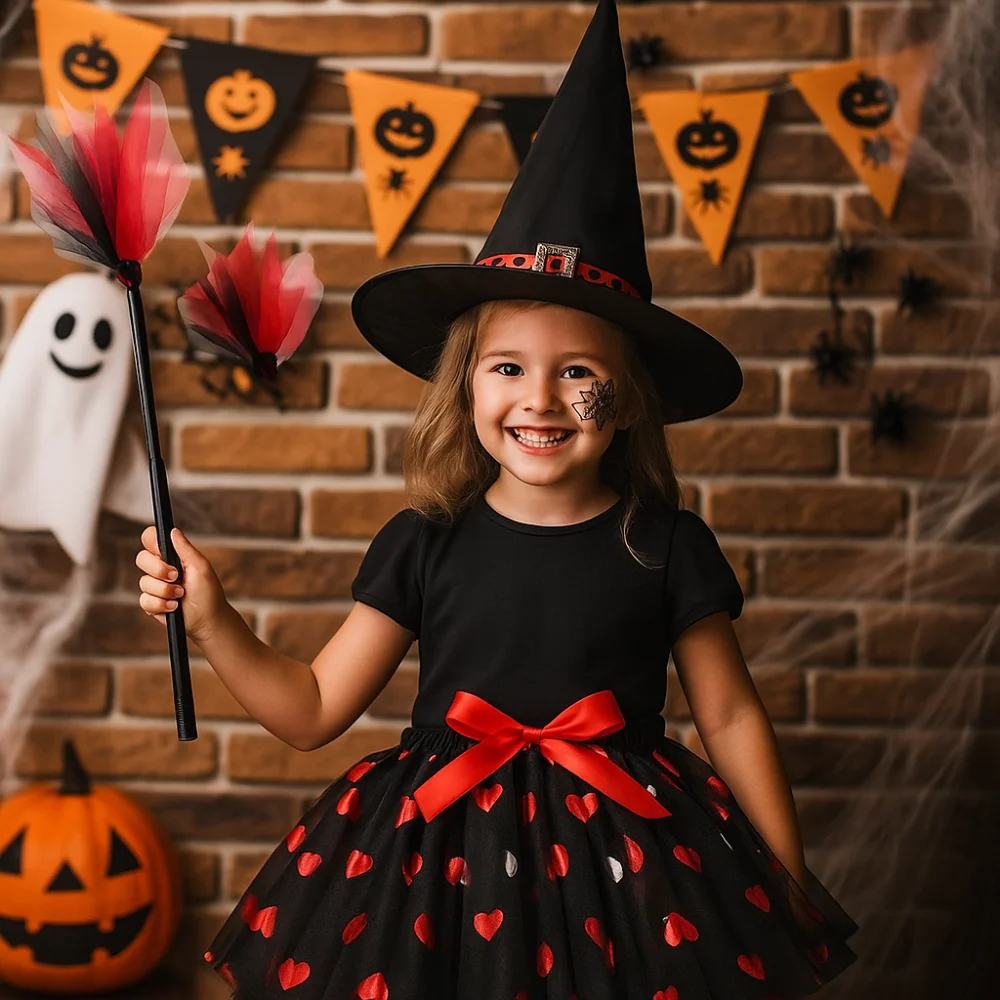 

3Pcs/set Wizard Childern Halloween Costumes Broom Bright Color Kids Witch Dress Set Costume Cosplay Props Short Skirt