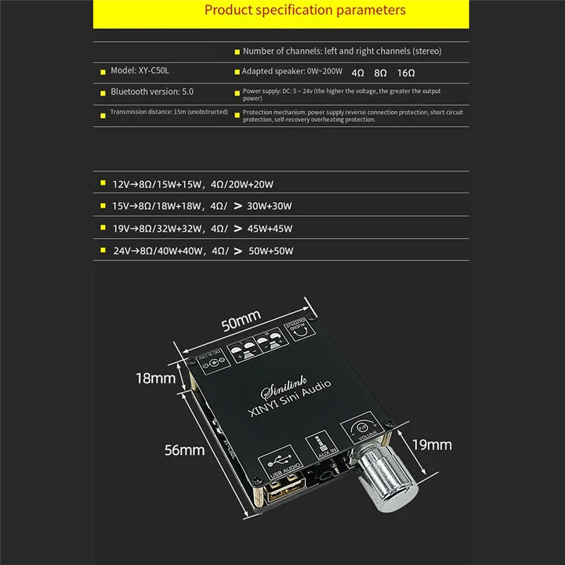 Papan Amplifier daya Digital Bluetooth Stereo Audio 50W, penyetelan tanpa langkah 360 derajat Dual Channel untuk teater Rumah