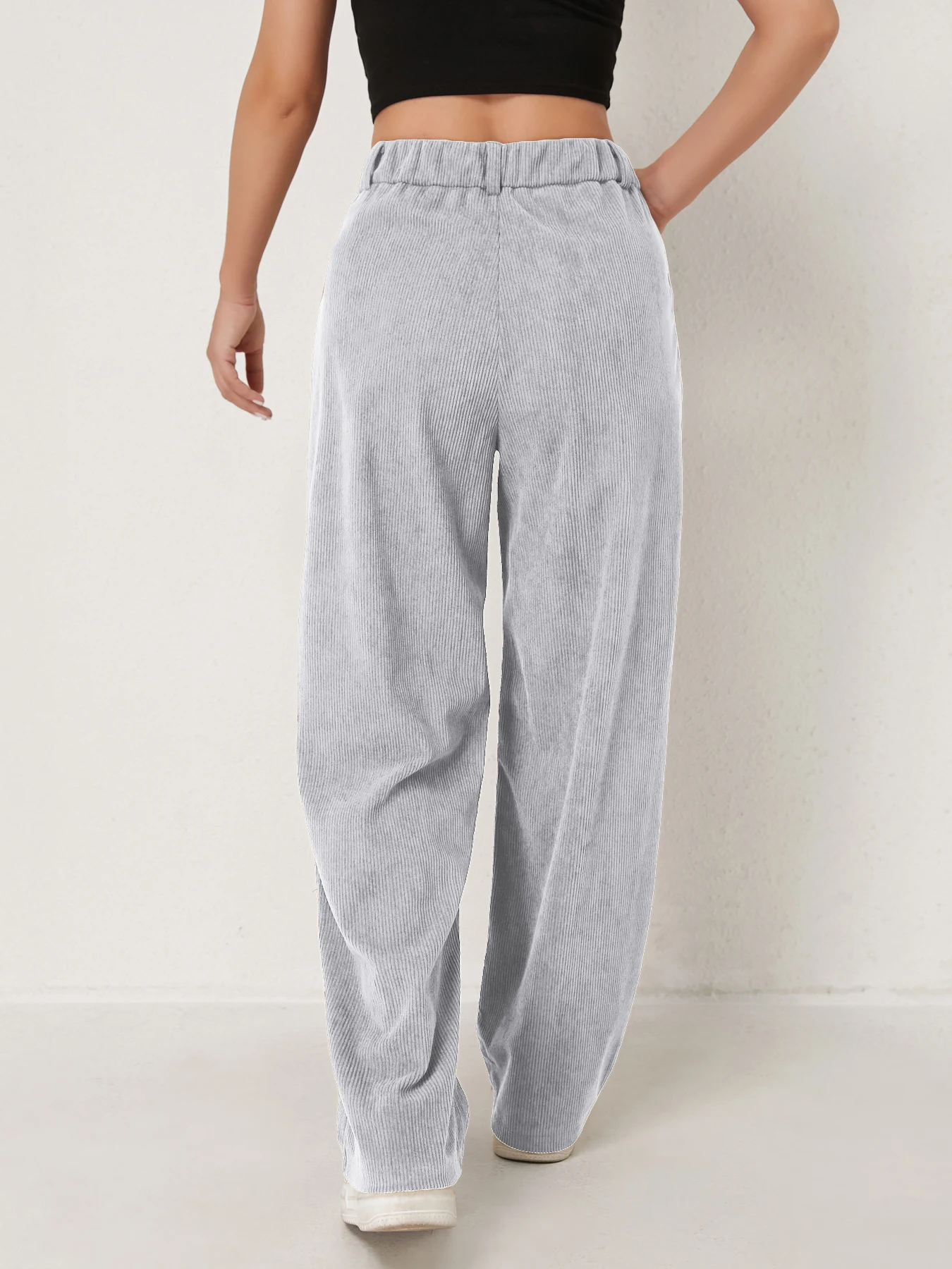 Neue Herbst- und Winter-Freizeitanzüge für Damen in Unifarben aus Cord mit weitem Bein und geraden, samtartigen Hosen, die schlank aussehen – Detail 12