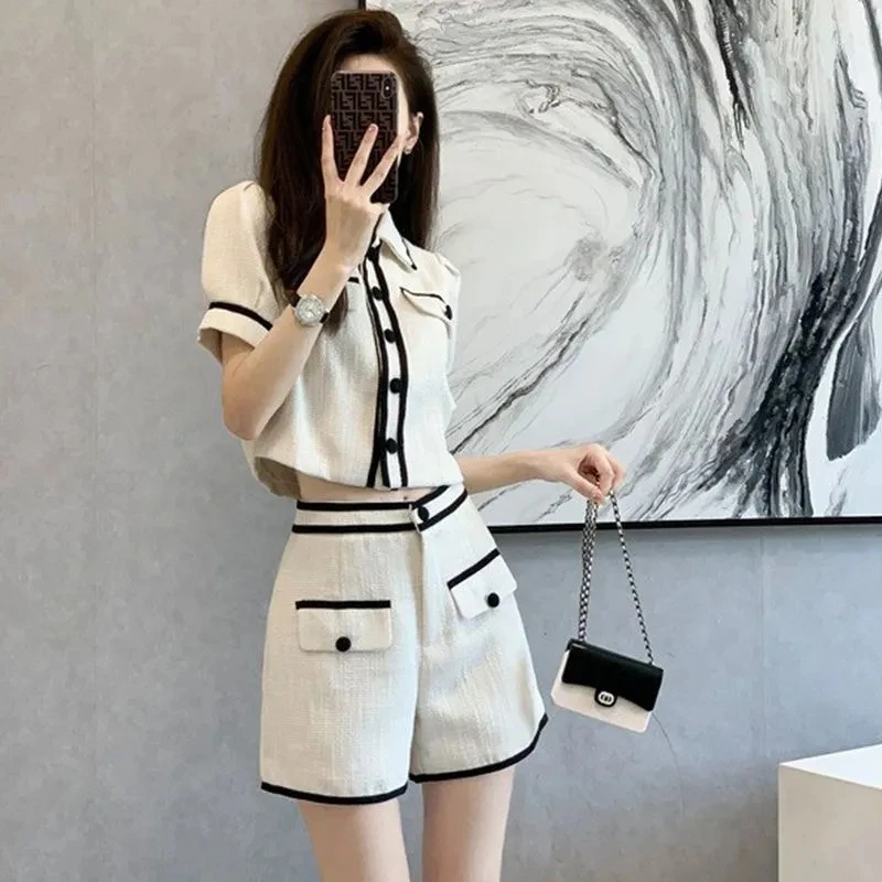 Korean Fashion Summer Knitted 2 Piece Sets Women Shorts Outfits Casual Cropped Tops Tracksuit Elegant Women Pants Conjuntos