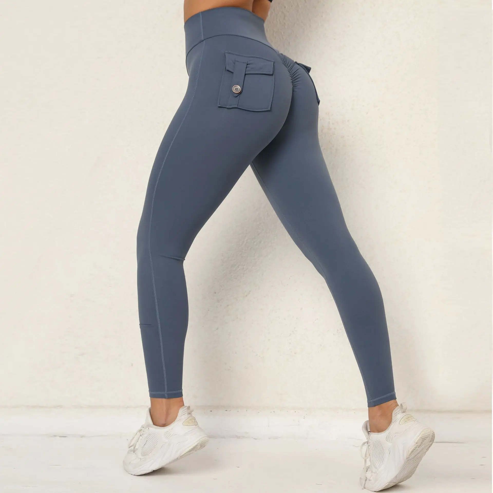 

Honey Peach Hip Workwear Tight Pocket Yoga Pants for Women High Waist Elastic Hip Lifting Button Quick Running Fitness Pants for