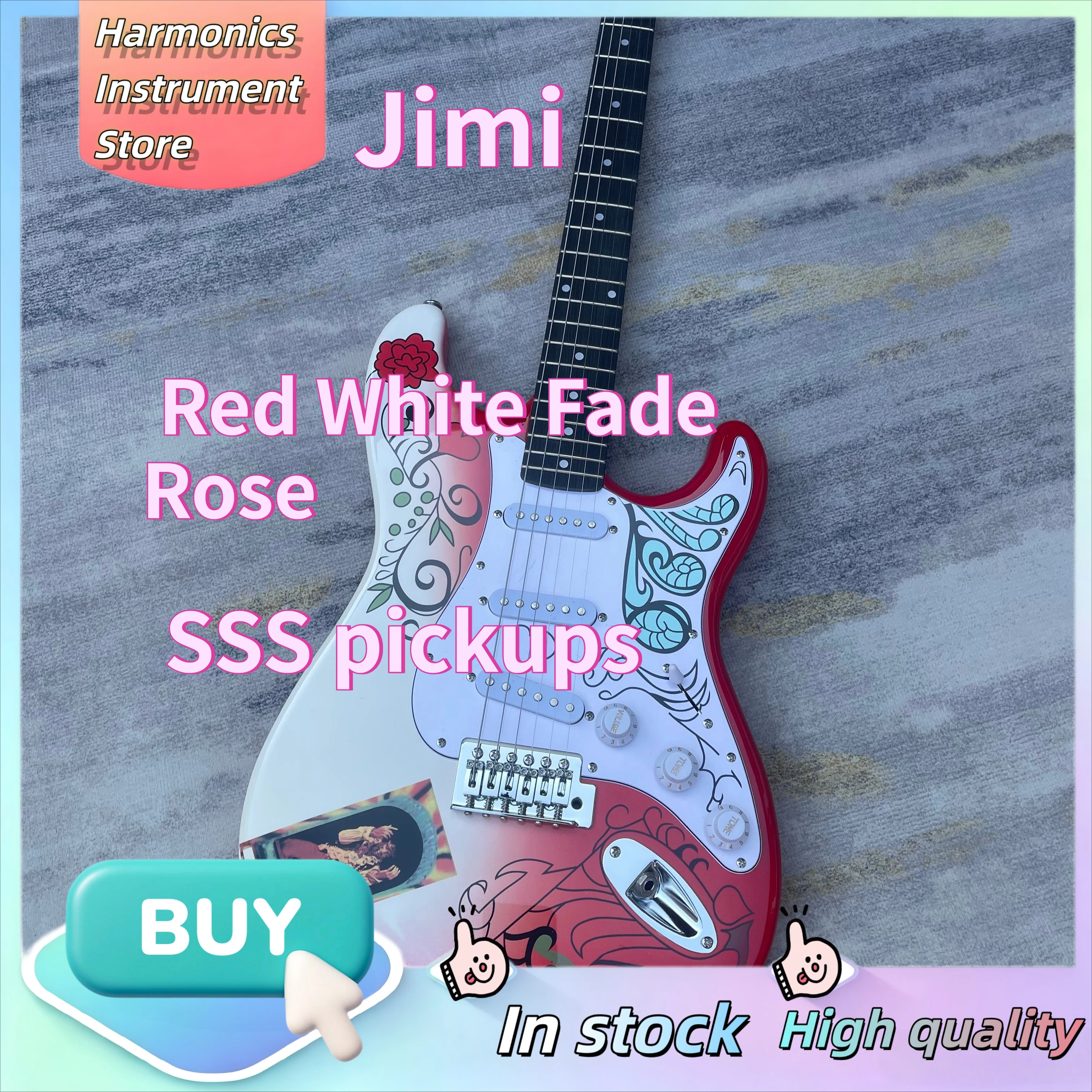 Rot-weiß verlaufende Rose-Grafik Jimi ST Gitarre, 1997er Massenproduktion mit 3 passiven Single-Coil-Tonabnehmern, Psychedelic Rock Sammlerstück